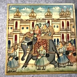 Gorgeous Handpainted Bone Trinket Box Royal Procession 4” sq x 2.25” tall   This elegant camel bone decorative box is a masterpiece of Indian artisana