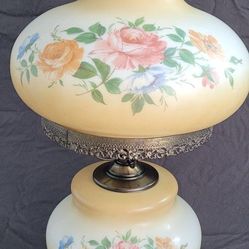 Vintage Hurricane Lamp Casting Company
3 Way Parlor Lamp. Rare Hand Blown With Hand Painted floral design.