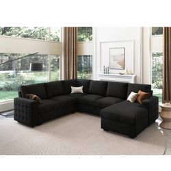 HONBAY 6-Piece Velvet Sleeper Sectional With Storage Space in Black, HB-0388(1)