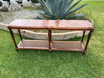 ETHAN ALLEN TWO TIERED WOOD WOVEN CANE RATTAN SOLID CONSOLE ENTRY SOFA TABLE