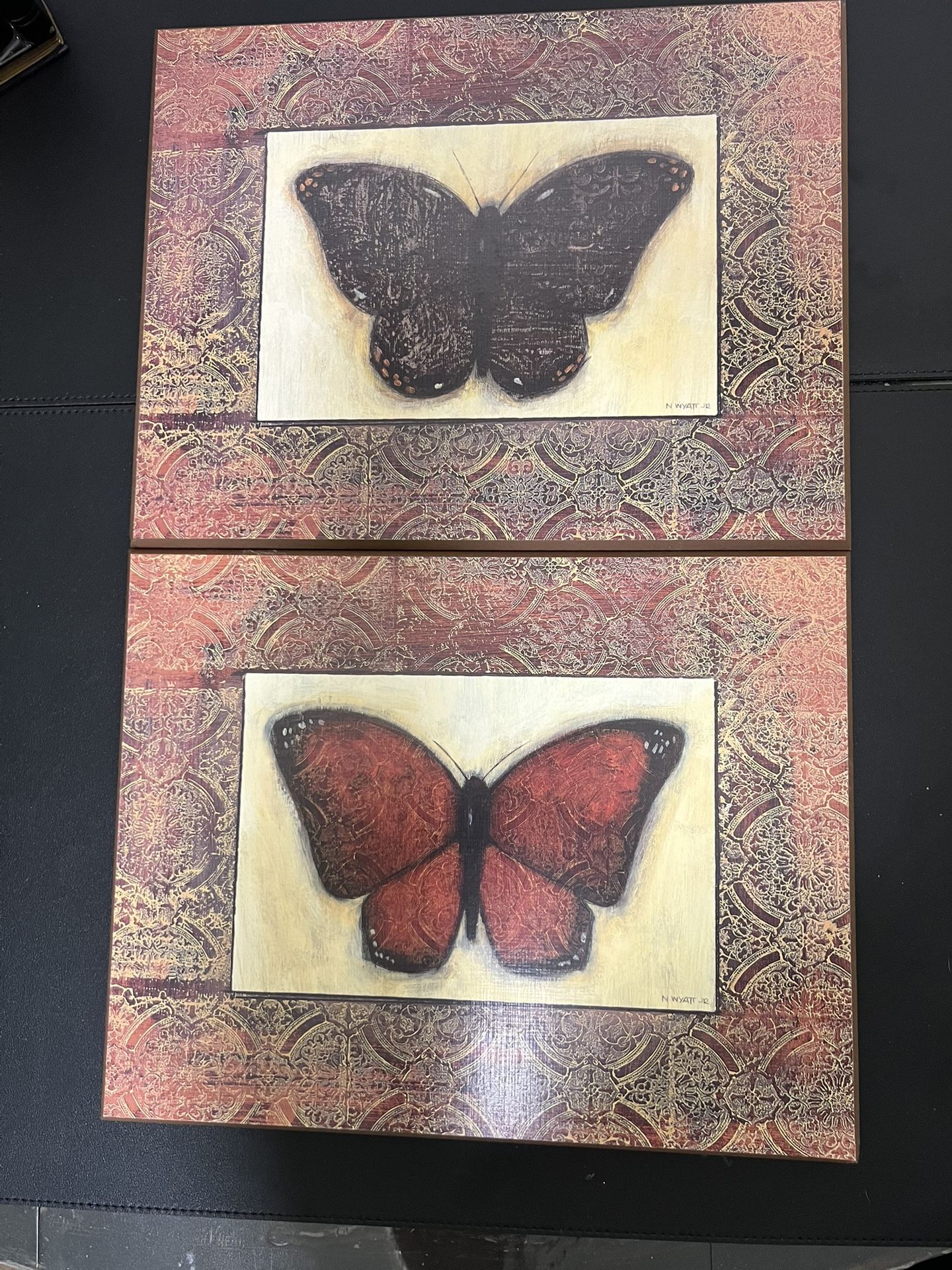 N. Wyatt Canada Butterfly Art Set Of 2 Red Black Prints On Wood Panels, 11x14”