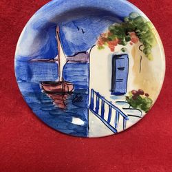 4.75 Inch Handmade Hand Painted Blue Ceramic Wall Hanging Plate Imported From Greece