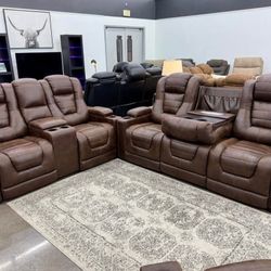 Home Theater Movie Seating Brown Leather Power Reclining Sofa And Loveseat 