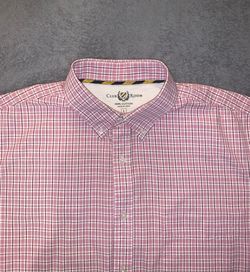 Club Room Mens Size Large Shirt Pink Red Maroon White Tartan Plaid Long Sleeve