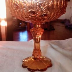 Vintage Fenton Cabbage Rose Amber Glass Compote Or Candy Dish 