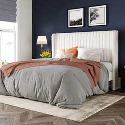Queen Size Velvet Bed Frame/Vertical Channel Tufted Wingback Headboard/Upholstered Platform Bed/Strong Wooden Slats/No Box Spring Needed/Easy Assembly