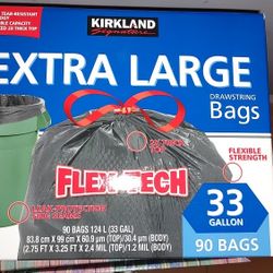 Kirkland Signature Drawstring Bags 33 Gallon Trash Bags Flex-Tech Trash Disposal Compare GLAD & Hefty 90 Bags NIB