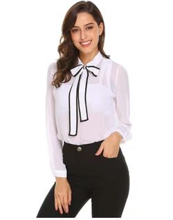 EASTHER Womens Bow Tie Neck Long Sleeve Casual Work Chiffon Sheer Blouse Tops