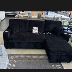 On Sale! Reversible Sectional Sofa With Pull-out Bed & Storage Black Corduroy
