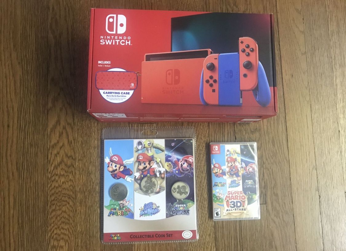 🎮 Brand New Nintendo Switch Mario Red & Blue Edition w/ Carrying Case, Mario 3D All-Stars Game & Collector Coin Set