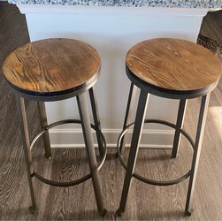 Industrial Wood and Metal Bar Stools – Set of 2