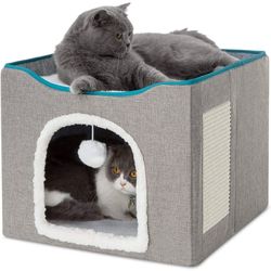 Cat Bed, HDJ Cat House with Scratch Pad and Fluffy Ball Hanging for Cat, Dog,Pets ,16.5x16.5x14 inches, Grey