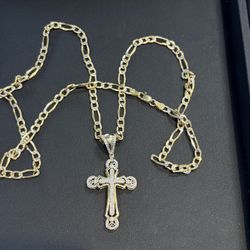 Authentic 10K Gold Chain With All Natural Diamonds Cross Pendant