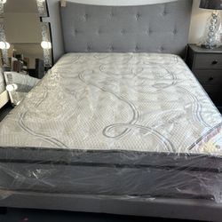 Queen Size Bed Frame Tufted Fabric Headboard 