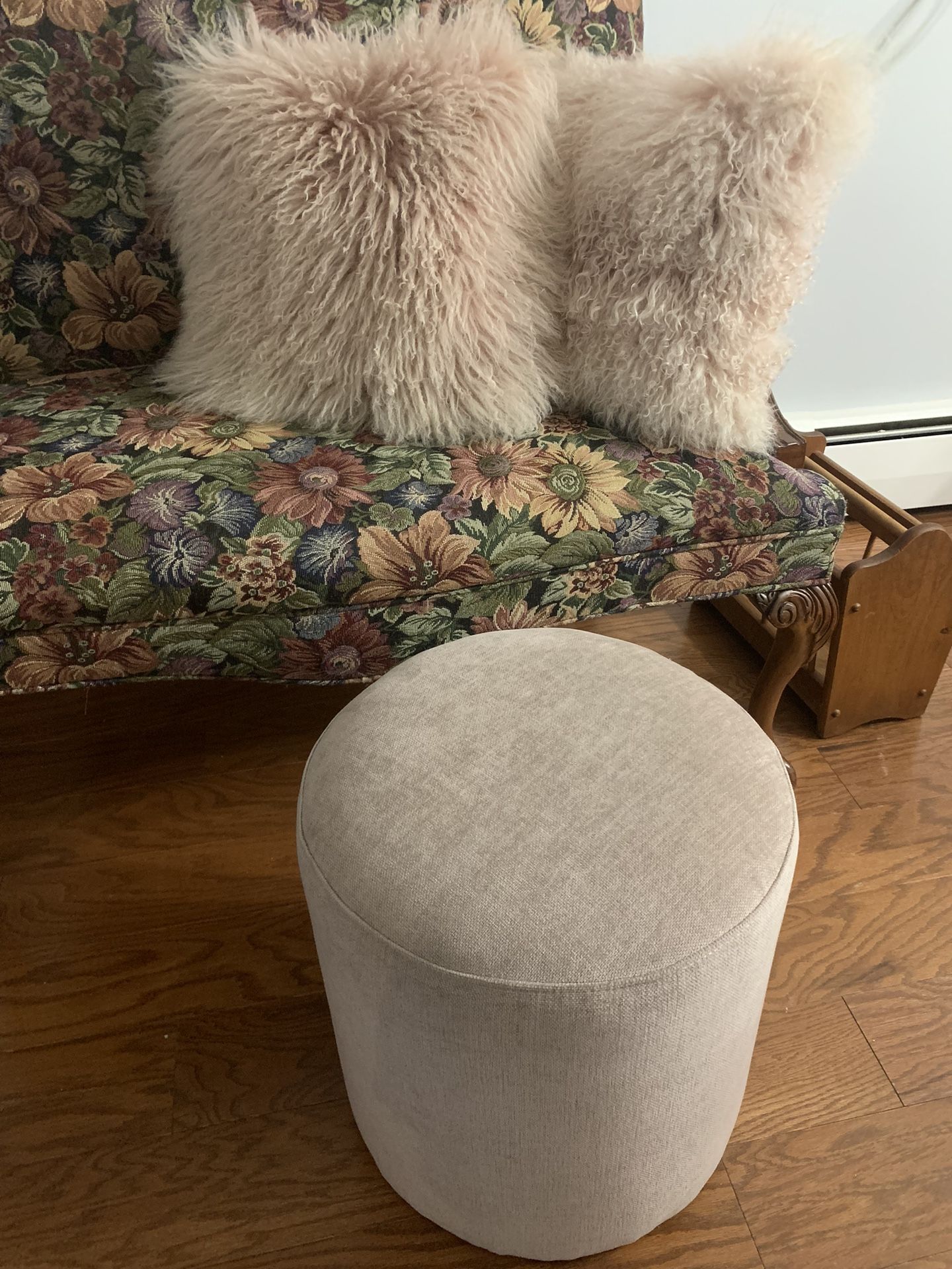 West Elm Mongolian Lamb Pillows & Isla Ottoman/Stool