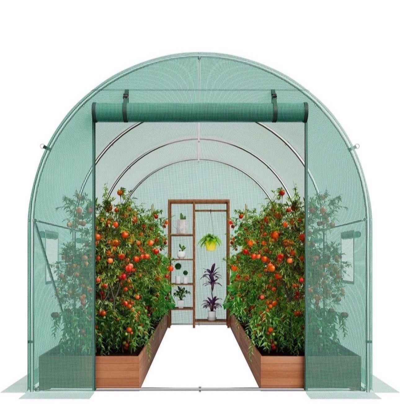 Walk-in Tunnel Greenhouse, 9.6x6.4x6.2 ft Hoop House Greenhouse Tunnel, Plant Hot House with Galvanized Steel Frame, Green PE Cover, Roll-up Zipper Do