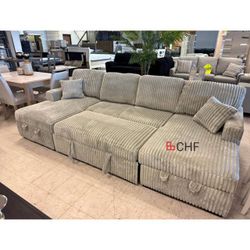 Ash / Smoke  Color  Convertible  U Shaped Sectional  Sleeper Sofa And Double Chaise  Storage 