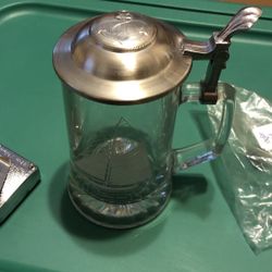 Etched Columbia 1901 Ship Clear Glass Stein with Lid Old Spice Germany Barware