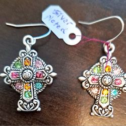 Silver Rhinestone Cross Earrings