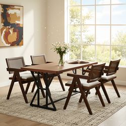 Homy Casa LEONARD+XUZIDS 5PC Dining Set 63" Table with 4 Beige Biscuit Upholstered Chairs Walnut Legs