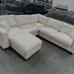 New! Ivory White Sectional And Ottoman Couch Set Contemporary Modern 