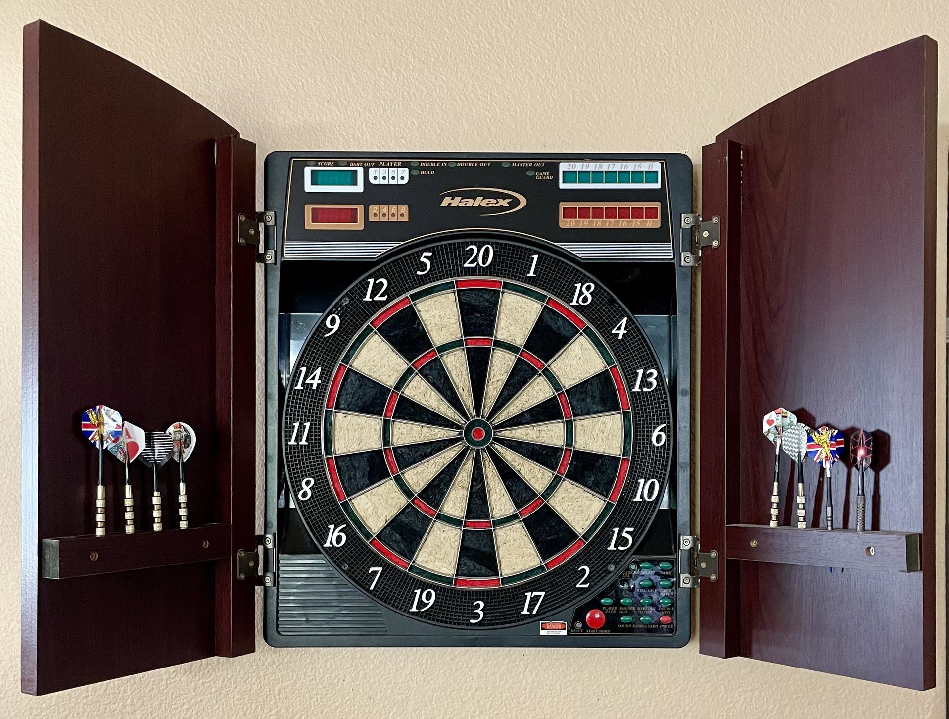 HALEX Electric Dart Board In Wall Cabinet, Used