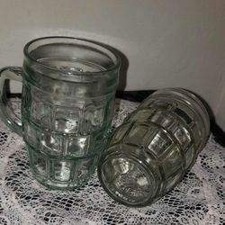 X2 VINTAGE GREEN GLASS BARREL MUG CUP SET