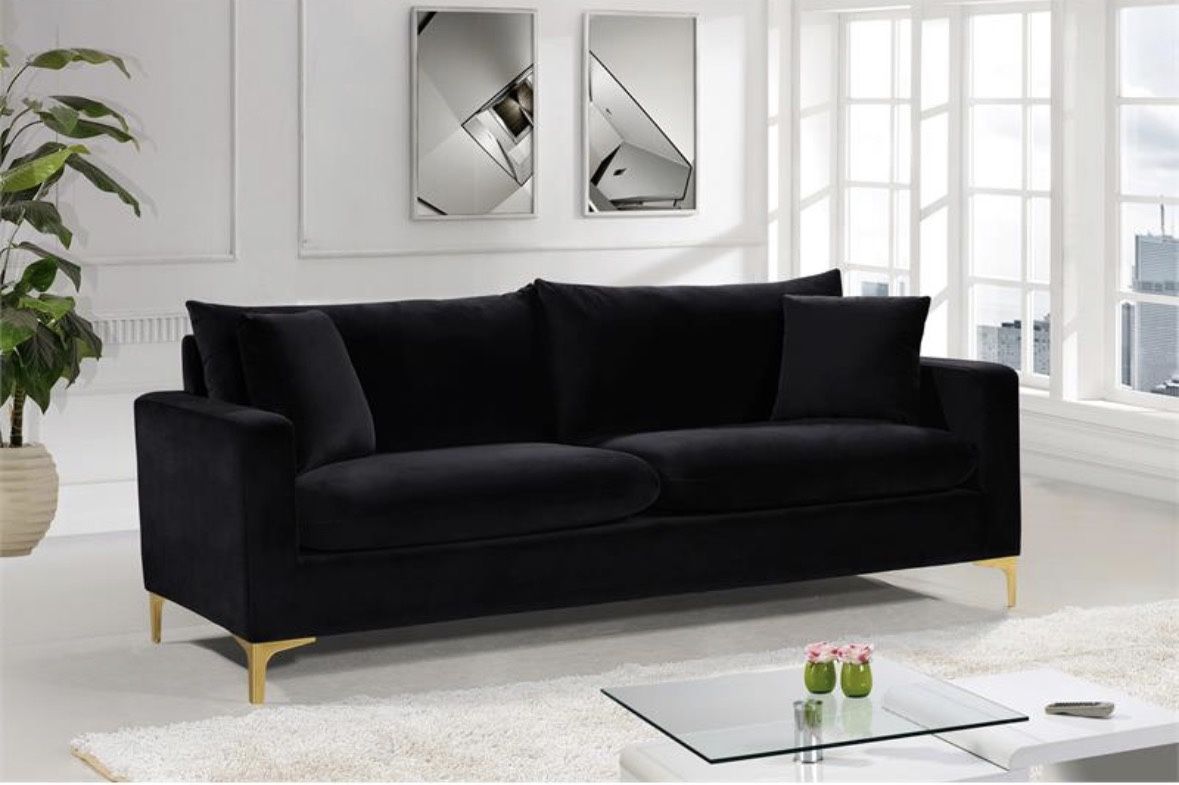 Brand New Black Velvet Sofa w/ Gold Legs – Modern / Luxe Style