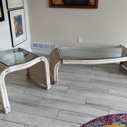 Vintage 2  Piece Set of Whitewashed Pickled Bamboo Pencil Reed Rattan Waterfall Coffee Table and One Side Table.