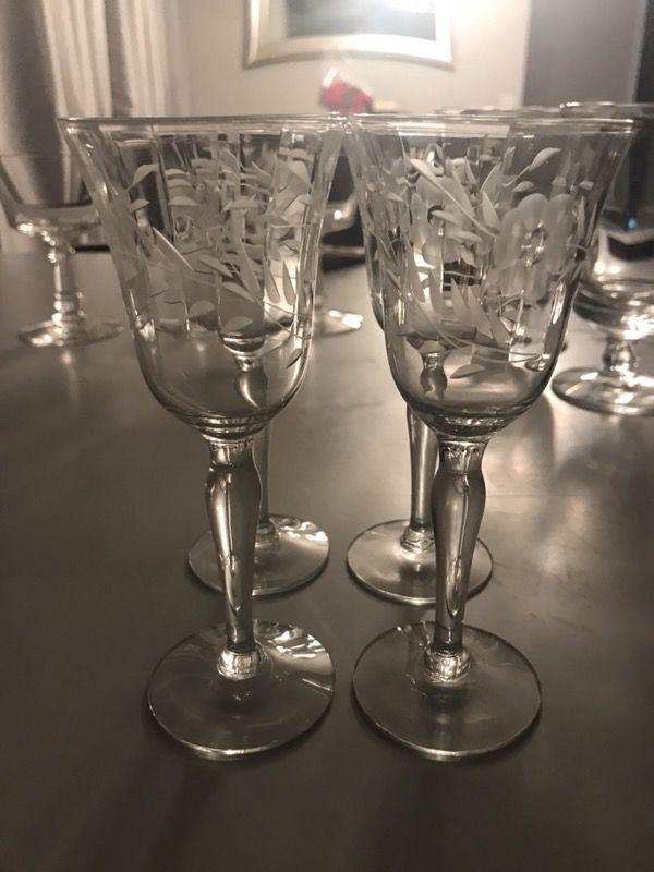 Antique Flower Printed Stem Drinking Glasses (4)