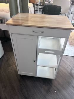 White kitchen island cart with wheels