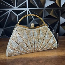 Gold Beaded Lame Rhinestone Frame Clutch Bag with Metal Top Handle