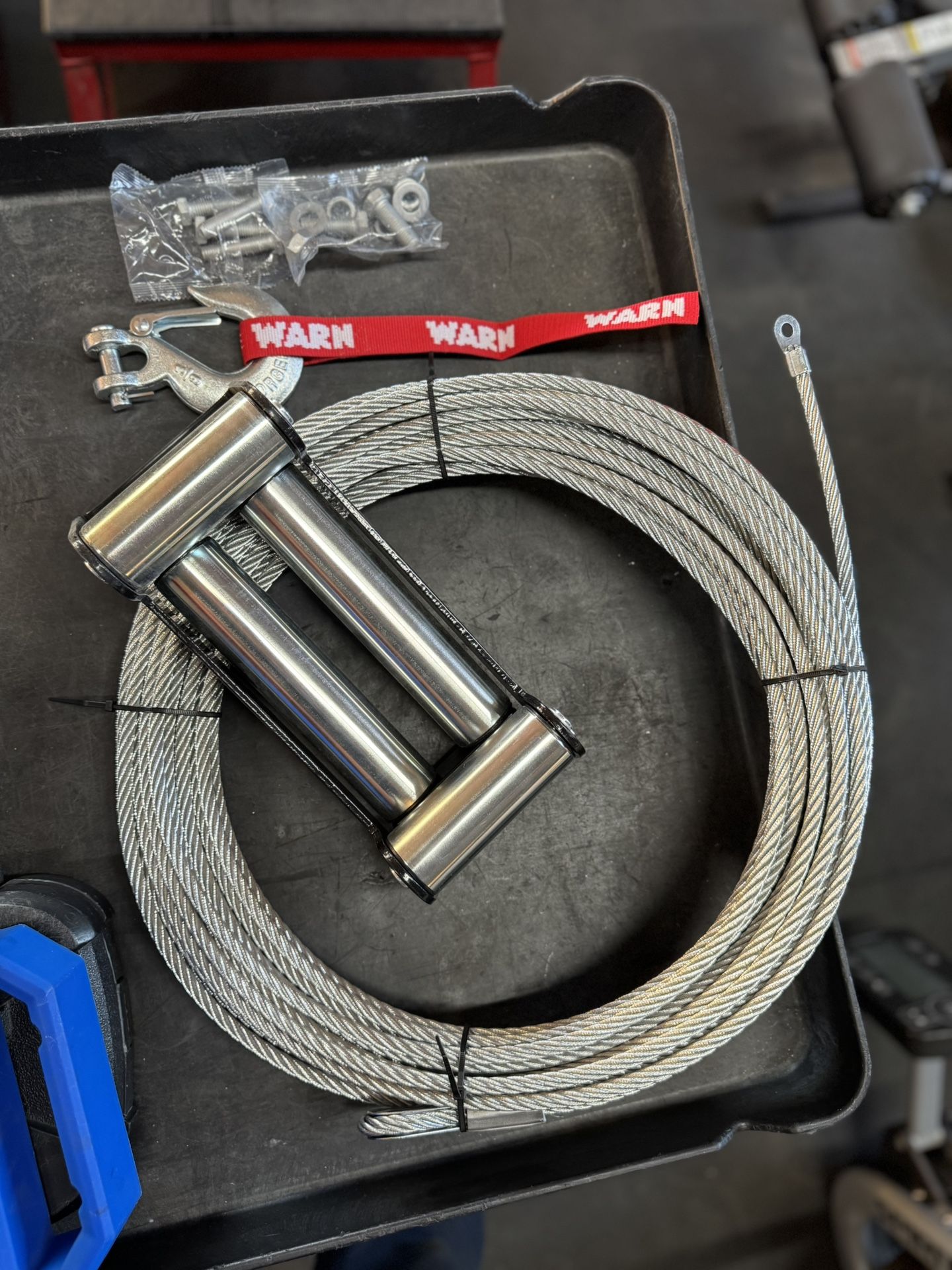 Warn winch line, fairlead, and hook