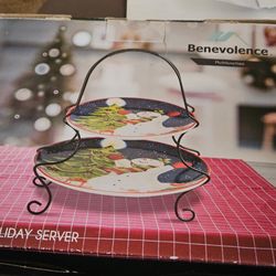 BENEVOLENCE -  "GIVING YOUR BEST" 2 TIER HOLIDAY SERVER Hand Painted Ceramic Hand Wash Recommended Size: 7* and 9* Plates
