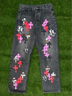 Chrome Hearts Black Gray Multi Cross Jeans