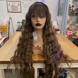 Human hair blend caramel brown wig with bang. for Sale in 