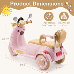 12V Kids Electric Scooter, 2-Seater Ride On Toy, Max Load 160 lbs, 3-Wheel Motorcycle with Bluetooth USB Music & Storage Box, Stable Design, Indoor Ou