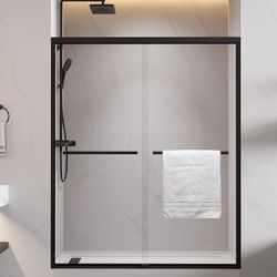 Glass Shower Door 56-60 in. W x 72 in. H, Semi-Frameless Double Sliding Screen Door with 1/4'' Clear Tempered Glass, Black Hardware Bathroom Shower En