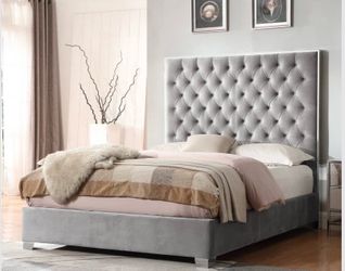 NEW IN ORIGINAL PACKAGING  |  Headboard Upholstered Cal King Bed in Grey Velvet