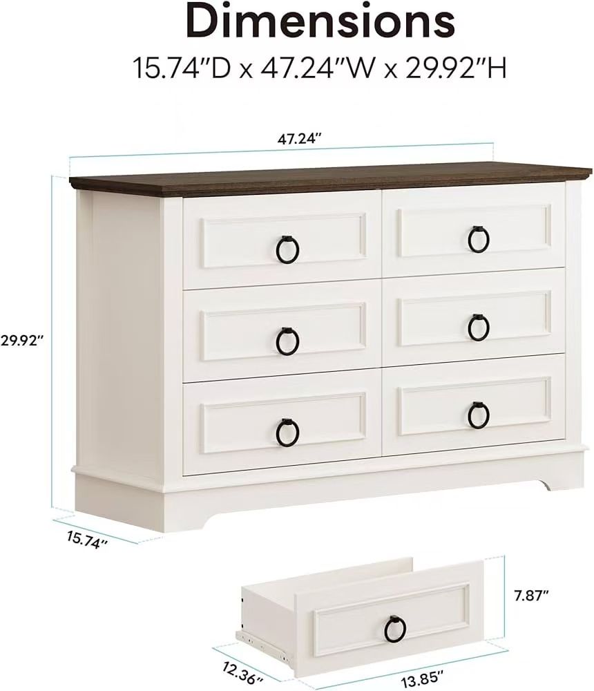 🥨LIKIMIO 6 Drawers Dresser for Bedroom, 47.2" W Dressers & Chests of Drawers, Modern Farmhouse Storage Organizer with Round Metal Handle for Hallway