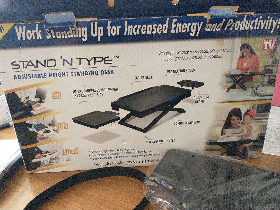 Stand 'N Type adjustable height standing desk as seen on TV (open box)
Unused just opened box but never assembled to use