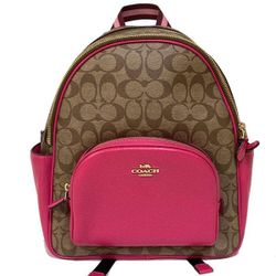 COACH C8522 Pink Logo Backpack Brown Pink Leather School Bag Authentic