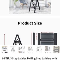 MITIR 3 Step Ladder, Folding Step Ladders with Wide Anti-Slip Pedal, Lightweight Step Stools for Audlts, Kitchen and Home, 440lbs, Ladder 