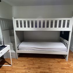 Twin Over Twin Bunk Bed with 4 Drawers + Mattresses – Great Condition!