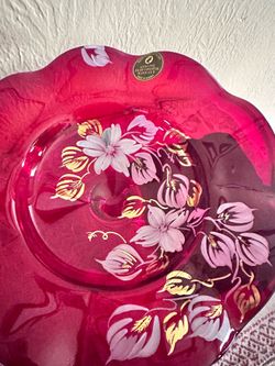 Vintage Russian Ruby Red Lead Crystal Dish – Hand Painted Flowers & Gold Accent