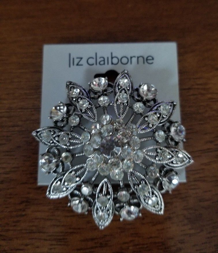 Liz Claiborne Silver Rhinestone Fashion Brooch/New