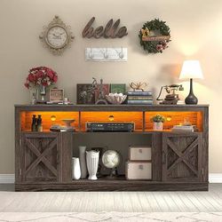 #B Farmhouse TV Stand for 70/75/80 Inch TV, 32”Tall Entertainment Center w/LED Light, Large Media Console Cabinet w/Barn Doors Adjustable Shelves for