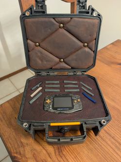 Custom Metal Boxy Pixel Game Boy Advance (IPS / USB-C) + Bespoke Tufted Leather Case & 10 Games