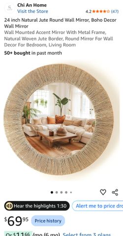 New Chi An Home 24 Inch Natural Jute Mirror, Wall Mounted Round Mirror with Metal Frame, Wall Decor Rustic Farmhouse Boho Decor Accent for Bathroom, B