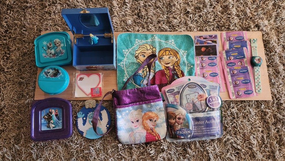 Lot Of Disney Frozen Movie Collectibles And Trinkets - Jewelry Box, Purse, Lunchbox Items, Watch, More